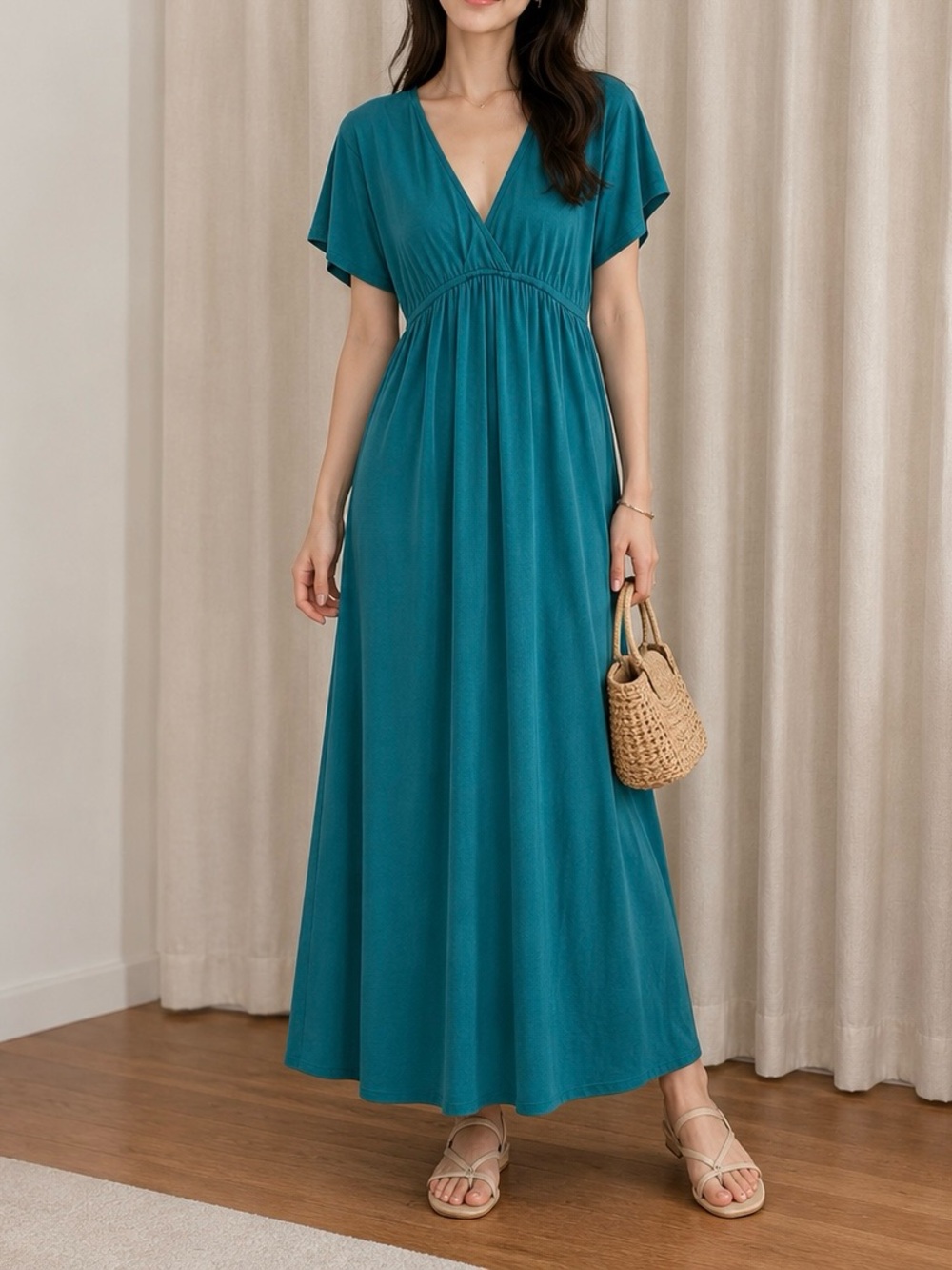 Woman Teal V-Neck Maxi Dress